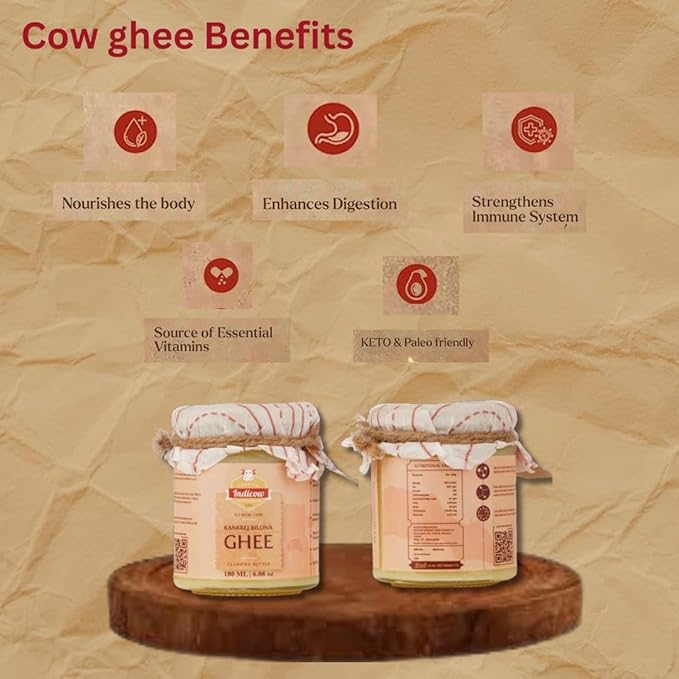 Indicow A2 Desi Cow Ghee, Clarified Butter 180ml | Grass Fed Cows | (180ml (6.08oz), A2 Kankrej Cow Ghee) | Keto and Paleo Friendly| a2 ghee organic grass fed