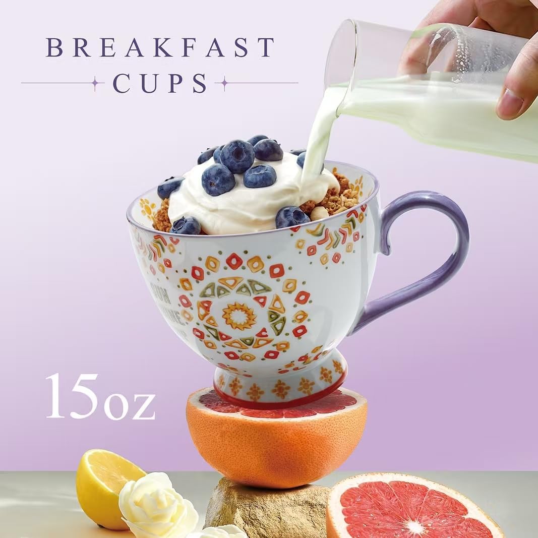 Panacula Large Ceramic Coffee Mugs Set of 2,15 oz Stoneware Coffee Cups with 2 Saucers,Underglaze