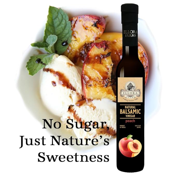 Ellora Farms, Peach fruit Infused Greek Balsamic Vinegar, thick and creamy, no-added sugars, no-preservatives, 8.45 oz. bottle, Pack of 1