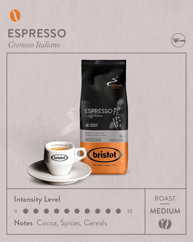 Bristot Espresso Cremoso Italiano Ground Coffee ??Medium Roast, Rich & Smooth ??8.8oz (250g) Bag ??Italian Ground Espresso for Home Machines