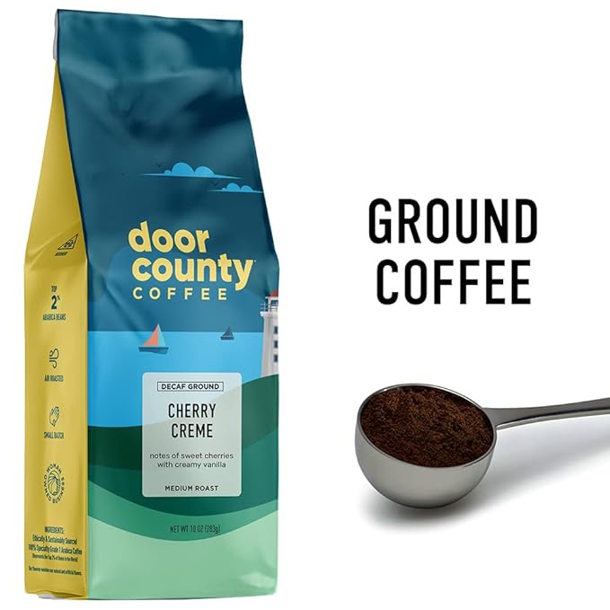 Door County Coffee Cherry Creme DECAF Flavored Coffee - 10oz Bag - Ground Medium Roast - 100% Arabica