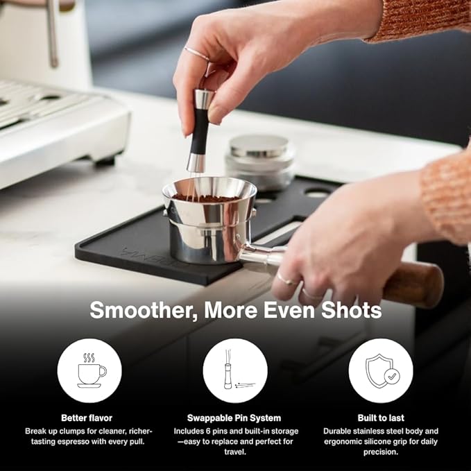 Crema Coffee Products Weiss Distribution Technique (WDT) Tool | Even Coffee Ground Distribution for Better Extraction | Stainless Steel with Silicone Grip | Includes 6 Pins & Storage Vault | White