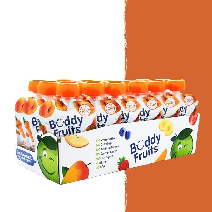Buddy Fruits & Veggies Snacks To Go Peach Carrot Unsweetened Applesauce 3.2oz Pouch (18pk) Gluten-Nut-Dairy-Preservatives-BPA Free, Non GMO, Kosher
