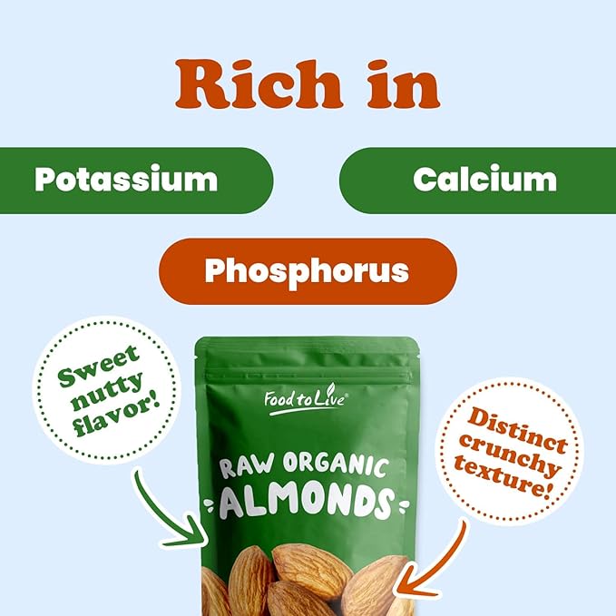Food to Live - Organic Imported Raw Almonds, 2 Pounds Non-GMO, Whole, Raw, No Shell, Unpasteurized, Unsalted, Vegan, Kosher, Bulk.