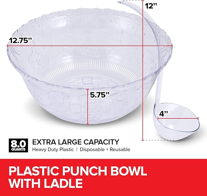 Premium Plastic Punch Bowl with Ladle, Fancy Disposable Punch Bowls for Parties, Holidays, Schools, Halloween, and More, Quality Glass Like Appearance, Large Punch Bowl with Ladle Set 3 Pack