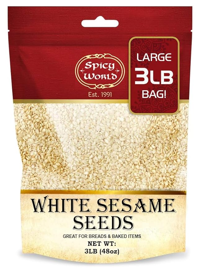 Spicy World White Sesame Seeds 3 LB Bag - Natural, Raw, Hulled, Non-GMO, Bulk Resealable Bag