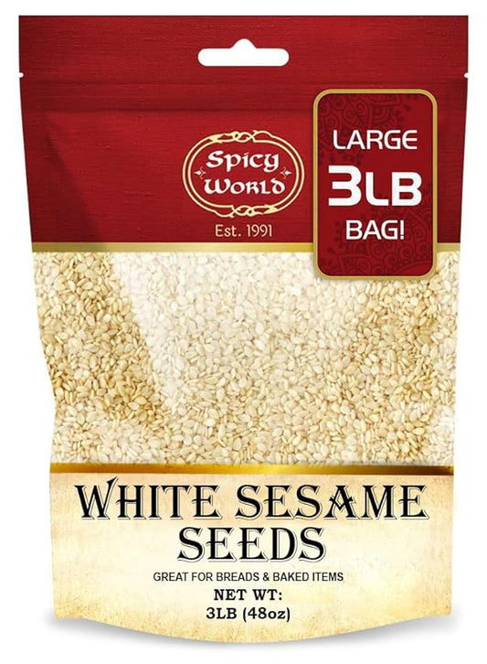 Spicy World White Sesame Seeds 3 LB Bag - Natural, Raw, Hulled, Non-GMO, Bulk Resealable Bag