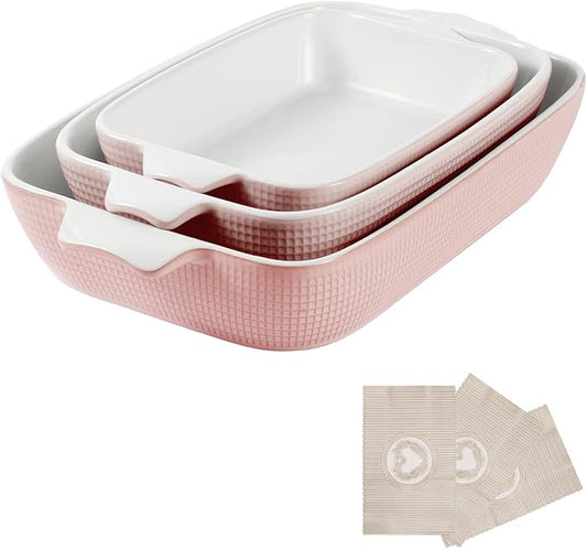 Bakeware Casserole Oven Dishes Baking - 3pcs Ceramic Rectangular Oven Serving Sets,ï¼?0.3/12.4/14.7）Stoneware Cookware Pan, Porcelain White Thanksgiving Ware for Cooking Lasagna (Pink)