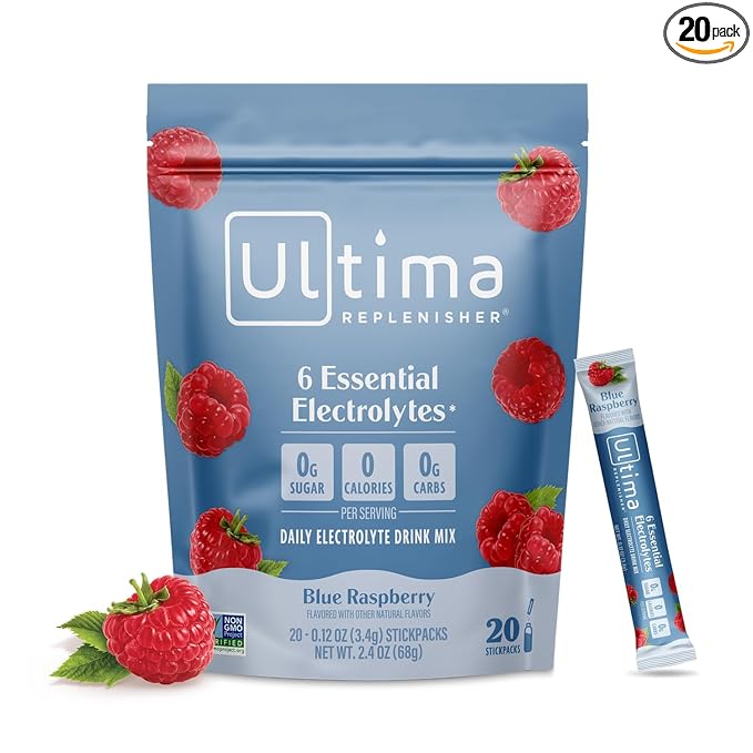 Ultima Replenisher Daily Electrolyte Powder Drink Mix ??Sugar Free ??Blue Raspberry, 20 Stickpacks ??Hydration Packets with 6 Electrolytes and Trace Minerals ??Keto Friendly, Vegan, Non-GMO