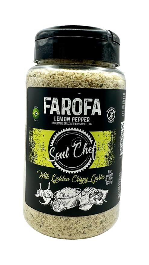 Soul Chef Seasoned Cassava Flour - Lemon Pepper - Farofa - Imported from Brazil - Delicious Flavor - Crispy Texture - Ideal On Steaks, Burgers, Sausages, Feijoada and Others.