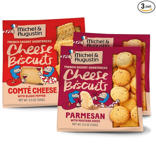 Michel et Augustin Gourmet Crackers Variety Pack: 2 Parmesan with Mustard Seeds and 1 Comté Cheese with Black Pepper, Savory Party Crackers, French Snacks, 3-Pack, 3.5 oz. Bags