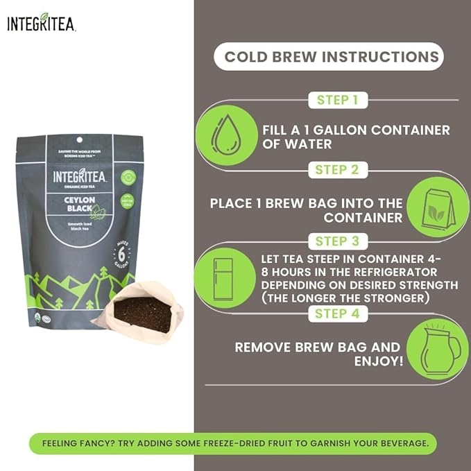 IntegriTEA Ceylon Black Cold Brew Black Tea Bags - 6-Bag Unsweetened Iced Tea Pack for 6 Gallons of Tea - Cold or Hot Brew Organic Iced Black Tea Bags