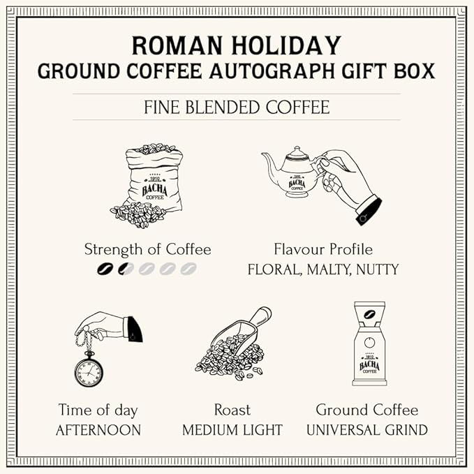 Bacha Coffee | Roman Holiday Fine Blended Coffee, Autograph Collection, 100% Arabica Specialty Coffee, Ground Beans, Medium Light Roast, 250g
