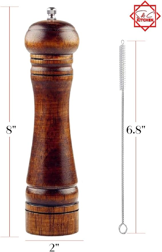 Wooden Pepper Mill or Salt Mill with a cleaning brush - 8 inch tall - Best Pepper or Salt Grinder Wood with a Adjustable Ceramic Rotor and easily refillable - Oak Wood Pepper Grinder for your kitchen