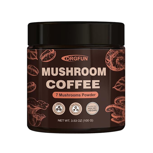 ORGFUN Premium Mushroom Coffee with 7 Superfood Mushrooms, Great Tasting Arabica Instant Coffee, Includes Chaga, Lion's Mane, Reishi, Cordyceps, Maitake, and Turkey Tail, Shiitake 3.53 Oz