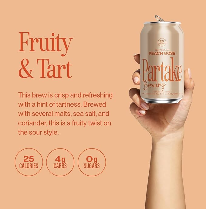 Partake Brewing Non Alcoholic Craft Brew, Peach Gose, 12 Pack - 12 Ounce Cans, Low Calorie, All Natural Ingredients