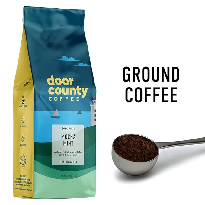 Door County Coffee Mocha Mint Flavored Ground Coffee - Medium Roast - 10 oz Bag - 100% Specialty Arabica