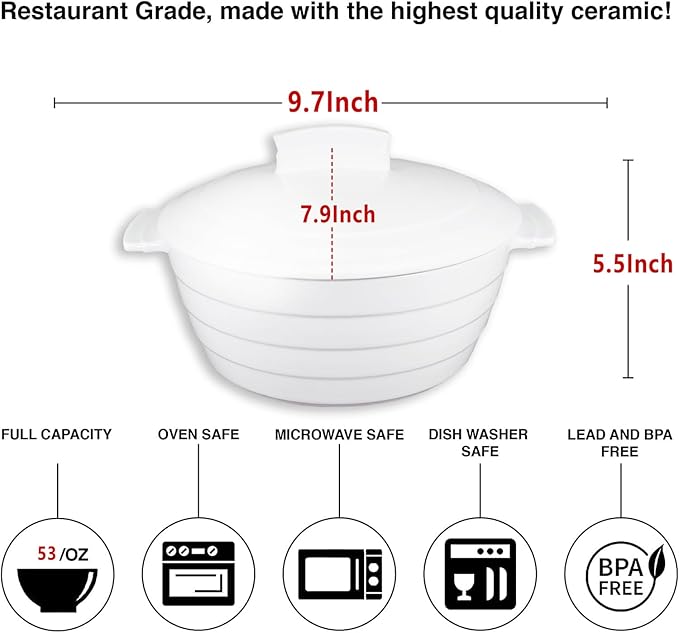 Casserole Dish 1.32 Quart French White Ceramic Bakeware Set with Lids, Chip and Crack Resistant Stoneware Baking Dish, Microwave, Dishwasher, Oven, Freezer and Fridge Safe