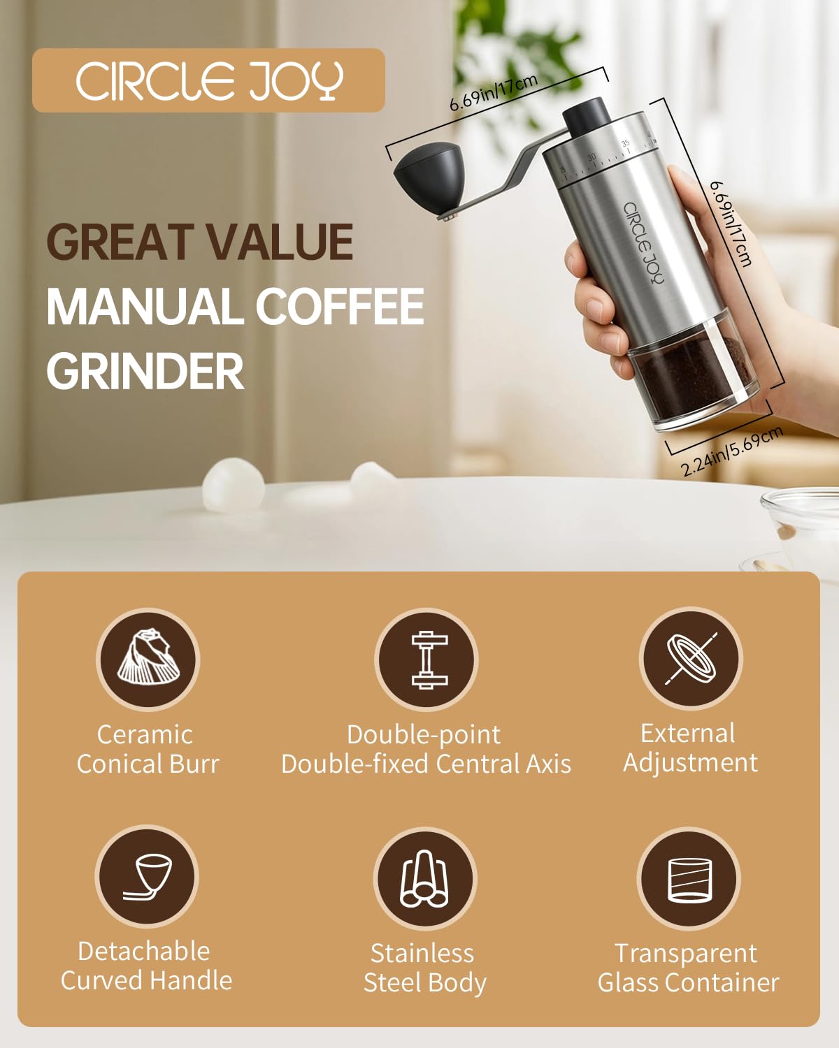 CIRCLE JOY Mini Manual Coffee Grinder with 40 External Adjustable Settings and Ceramic Conical