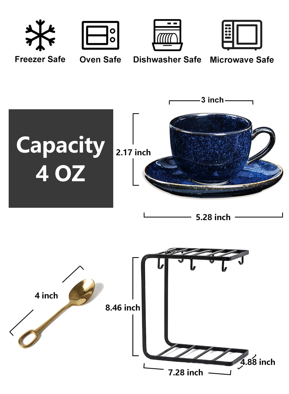 vicrays Ceramic Espresso Coffee Cups Set 4 oz Porcelain Espresso Cups with Saucers Spoons and Metal