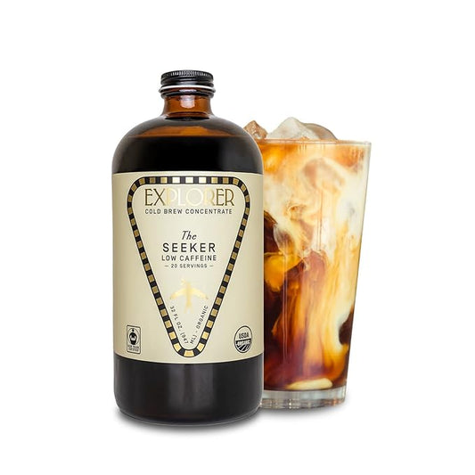 Explorer Cold Brew Organic Liquid Coffee Concentrate, Seeker Low Caffeine, Drink Iced or Hot, 32 fl oz, Makes 20+ Cups
