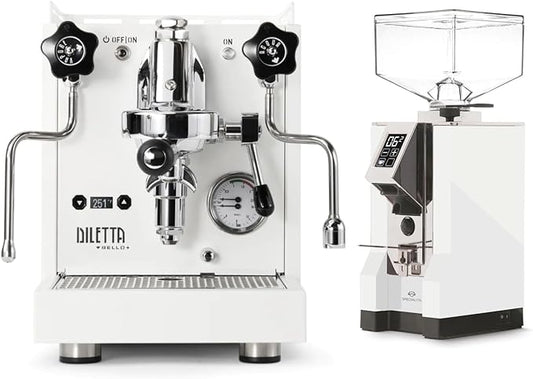 Diletta Bello+ Espresso Machine and Eureka Mignon Specialita Grinder Bundle (White)