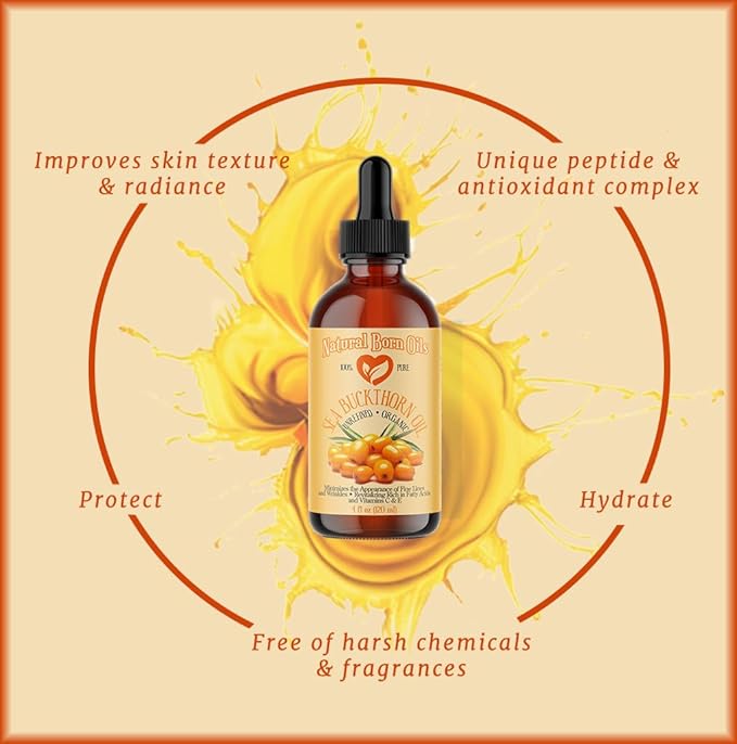 Natural Born Oils Sea Buckthorn Oil, 8oz, Organic, Cold-Pressed, Rich in Fatty Acids, Ideal for Moisturizing Skin, Strengthening Hair