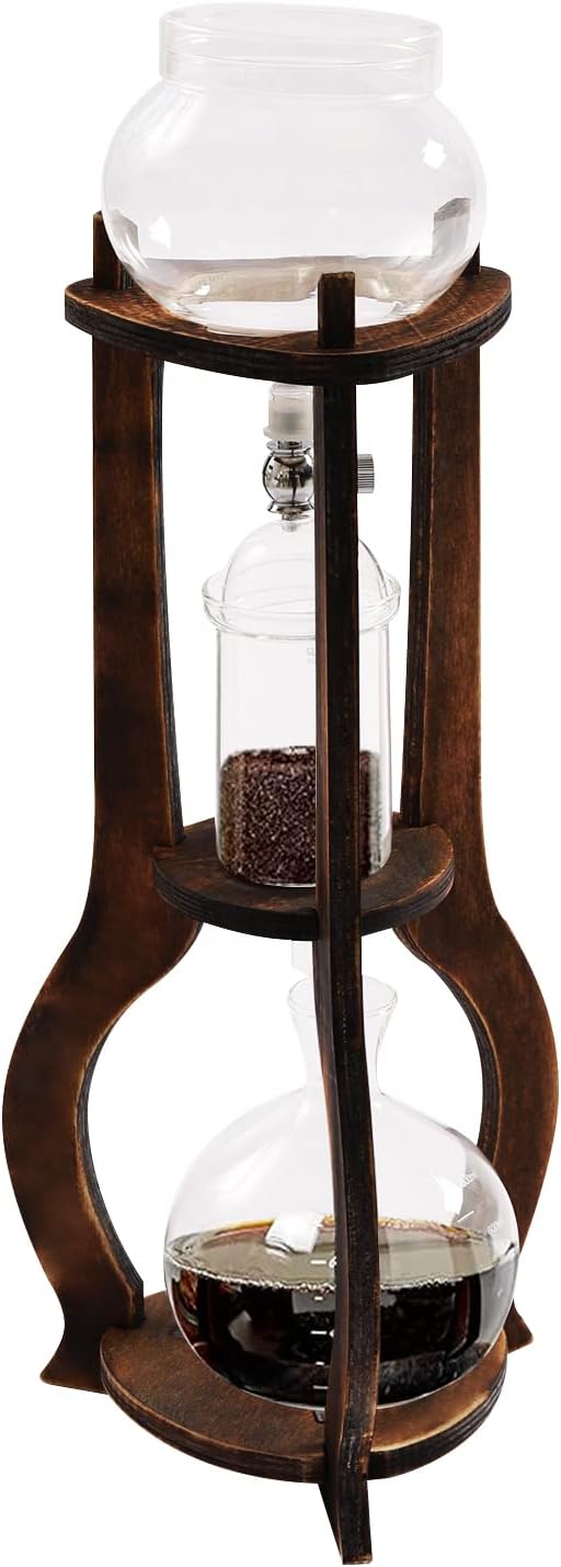 Cold Brew Drip Coffee Maker, 600ml/20.29 Ice Coffee Brewer Machine Cold-Drip Coffee Tower with Glass Container Wood Stand for Home Office