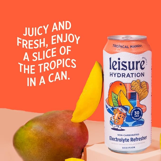 Leisure Hydration Non-Carbonated Electrolyte Refresher, Tropical Mango Flavor - Low Sugar Nutrient Enhanced Water Beverage - Get The Best Hydration Packed w/ Magnesium & Ashwagandha For Mood & Stress Support, Non-GMO, 16 oz (12-Cans)