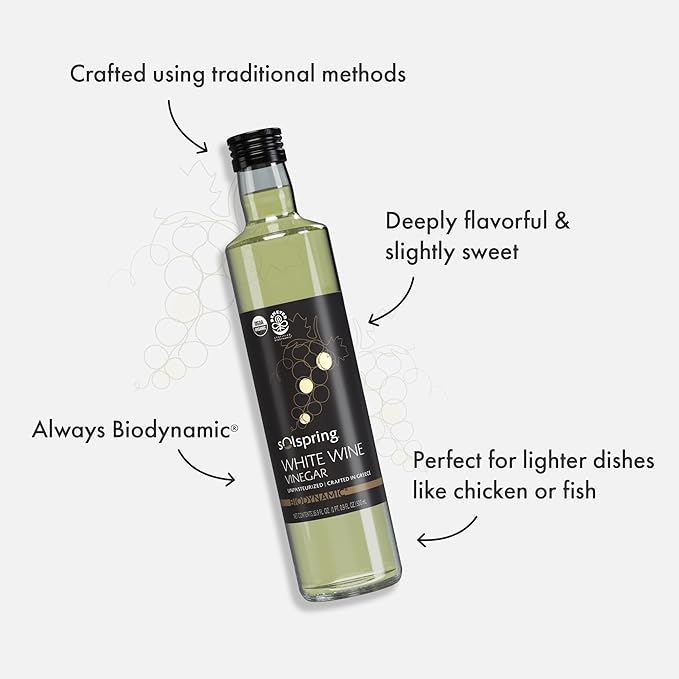 Solspring Biodynamic White Wine Vinegar, 16.9 Fl. Oz. (500 mL), Unpasteurized, Crafted In Greece, Certified USDA Organic, Regenerative, Vegan, Gluten Free, Soy Free, Dr. Mercola