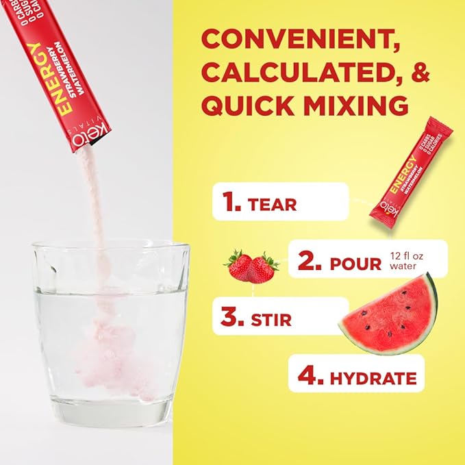Keto Vitals Electrolyte Energy Drink Powder Packets - Electrolyte Supplement for Energy and Rehydration - Strawberry Watermelon Keto Powder Packets, 30 Count