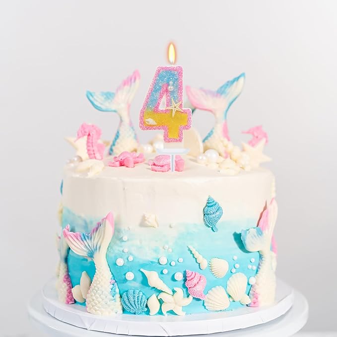 4th Birthday Candle for Cake, Pink Beach Starfish Sequins Number Cake Candles, 2.76 inch Pink Cake Topper Decoration for Birthday Party (Number 4)