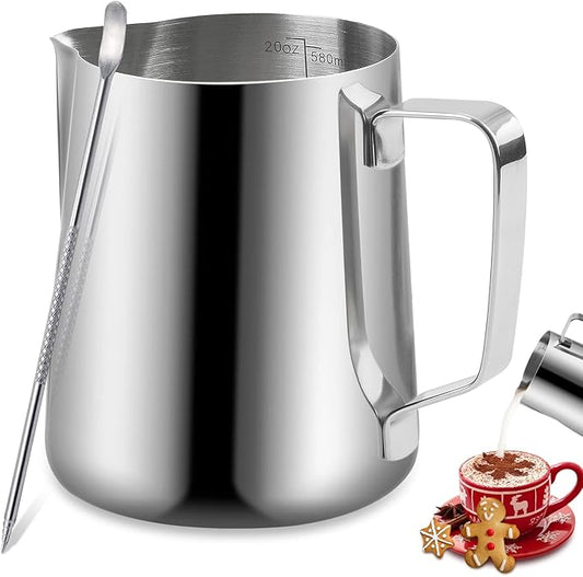 Espresso Milk Frothing Pitcher, 20OZ/600ML Stainless Steel Milk Frother Cup with Decorating Art Pen for Espresso Machine