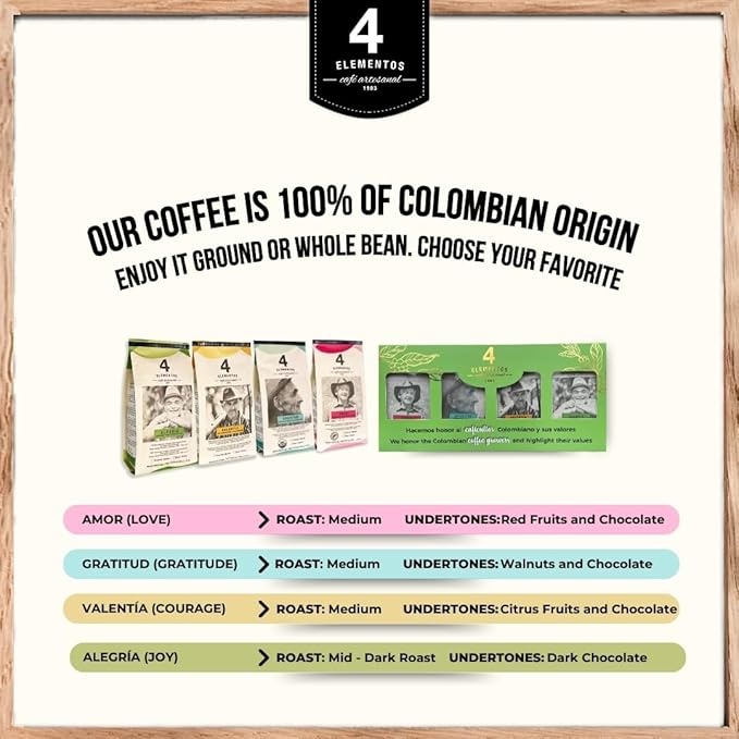 4 Elementos | Whole Bean Specialty Coffee, Medium Roast, 100% Arabica from Colombia, Chocolate, Caramel & Orange Notes, 12oz