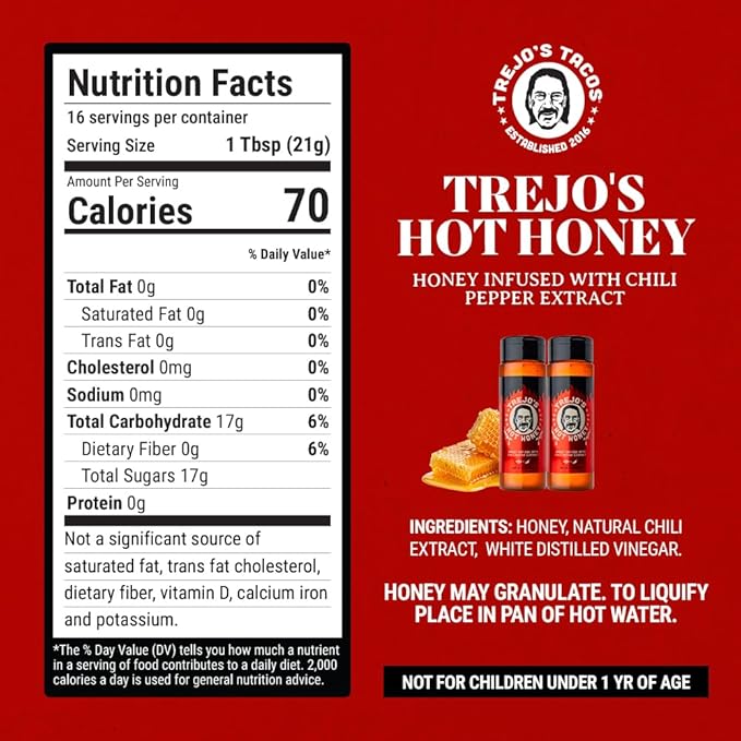 Trejo's Tacos Hot Honey | Sweet and Spicy Honey Hot Sauce | Infused with Chili Pepper Extract | Great for Topping or Dipping Sauce for Oatmeal, Ice-Cream, Fried Chicken & Bbq - Pure and Gluten Free | Authentic Creation by Trejo's Tacos - Pack of 1