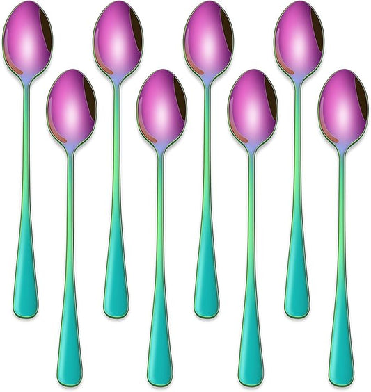 7.5 Inches Rainbow Stainless Steel Ice Tea Spoon,Set Of 8 Long Handle Coffee Stirring Spoons,Multicolored Sundae Spoons,Colorful Cocktail Mixing Spoon