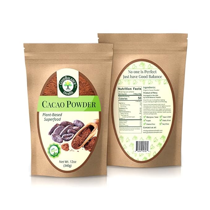 Good Balance Health Cacao Powder | Raw Cacao | Organic Cacao, Chocolate Powder | Perfect for Baking, Smoothies | Plant-Based, Organic, Gluten Free, Vegan Friendly, Keto Friendly | 12 Ounches (Resealable Bag)