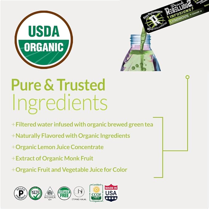 Rebellious Luminous Limeade Organic Drink Mix ??Zero Calorie Energy Drink Mix | Monk Fruit & Green Tea Extract | L-Theanine + Natural Caffeine | 100% Plant-Based | Pack of 10 | Keto,Gluten-Free