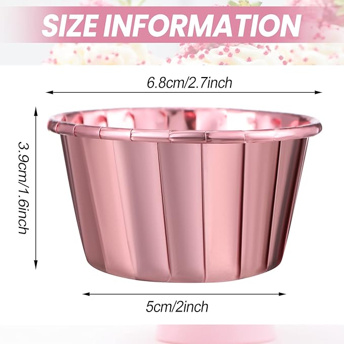300 Pack Rose Pink Gold Cupcake Cups Bulk Disposable Foil Muffin Liners 3.5 oz Wrappers for Baking Aluminum Paper Mini Metallic Disposable Holiday Party Wedding Festival Supply