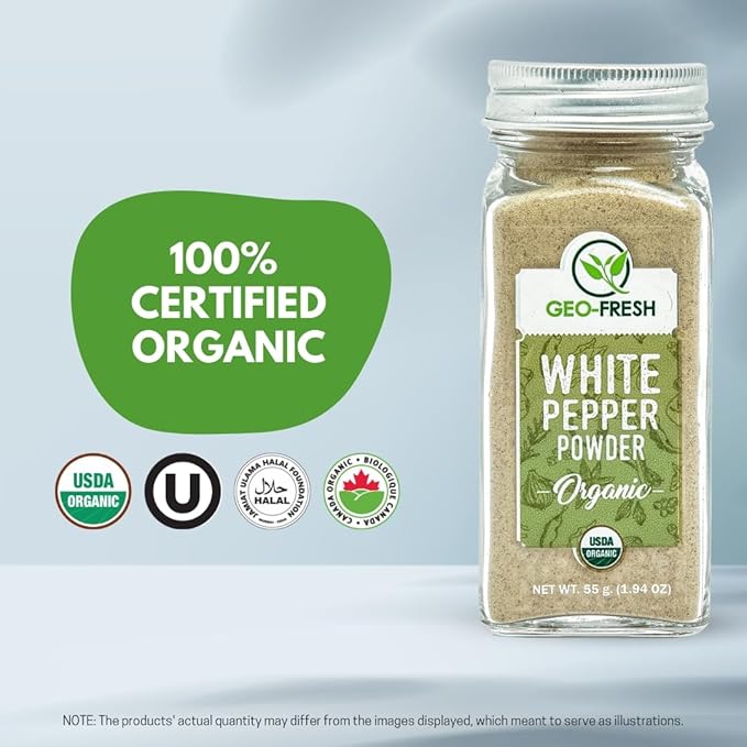 Geo-Fresh Organic White Pepper Ground ??1.94 oz Glass Jar ??White Pepper Powder ??USDA Certified, Non-GMO, Kosher, Gluten-Free ??Premium Organic Spice for Cooking & Seasoning