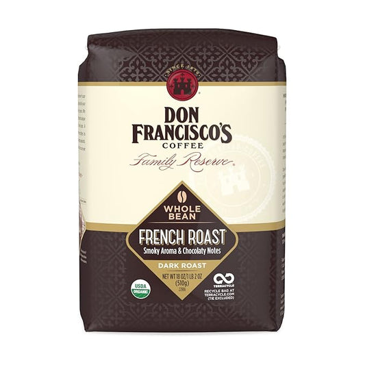 Don Francisco's Organic French Roast Whole Bean Coffee, Dark Roast ??100% Arabica,18 oz Bag, Premium Coffee for Drip, Pour Over & French Press