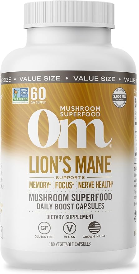 OM MUSHROOM SUPERFOOD Lion's Mane Mushroom Capsules Superfood Supplement, 180 Count, 60 Days, Fruit