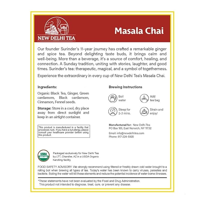 New Delhi Tea’s Premium Masala Chai Tea Bags | Organic Black Tea | Masala Chai Tea With Ginger, Cardamom, and Cinnamon | USDA Organic | 30 Teabags (2.2 Oz)