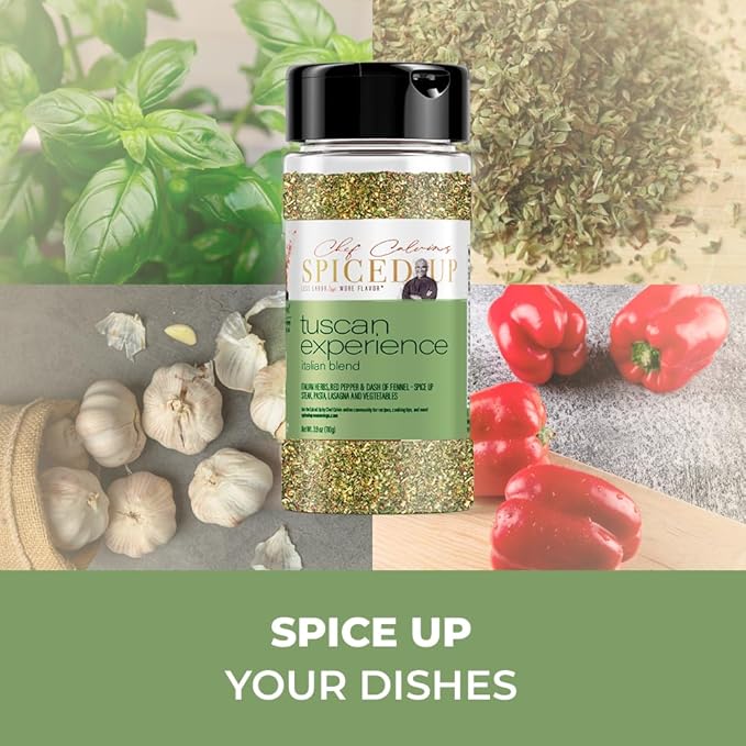 Spiced Up Tuscan Experience Seasoning – Italian Herb Blend with Garlic, Fennel & Tomato – All-Purpose Mediterranean Spice Mix for Pasta, Steaks & Veggies – Vegan, Gluten-Free, Non-GMO – 4.4 oz