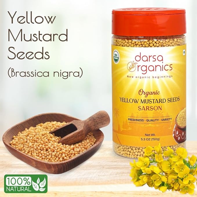Darsa Organics Yellow Mustard Seed – 5.3oz USDA Organic, Non-GMO, Kosher, Gluten-Free – Perfect for Pickling, Cooking, Sauces, Curries, Marinades, and Flavoring with Authentic Indian Spice