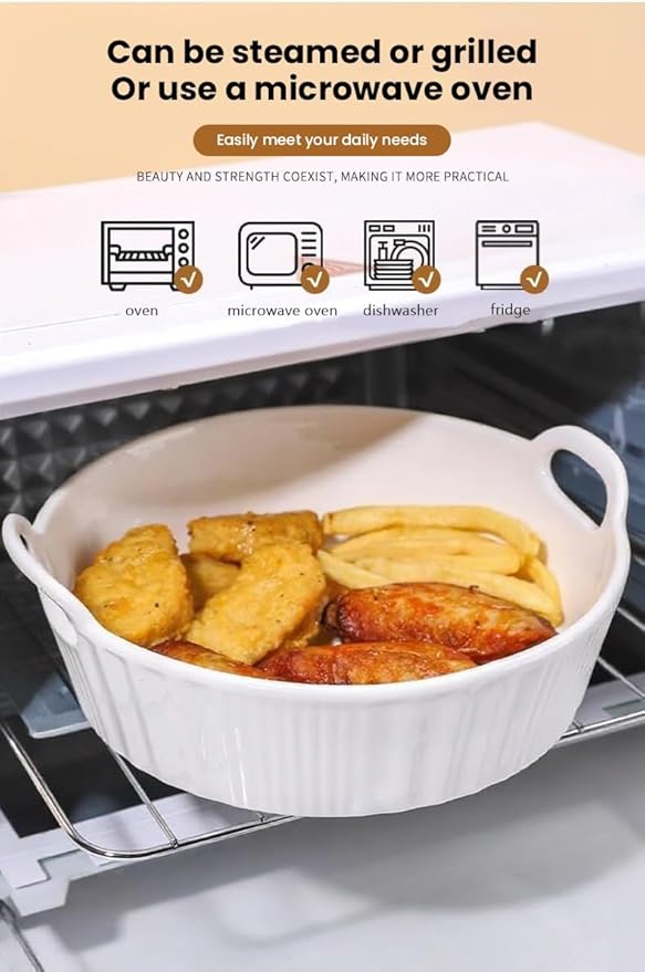 Kbotiques Round Casserole Dish Made of Scratch-Resistant Ceramic in White for Hot Air Fryer, for Preparing Lasagne, Soup, Tiramisu and More Fryer Accessories (White, 650 ml)
