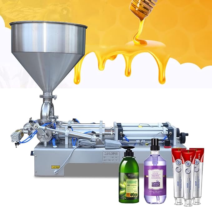 110V Horizontal Pneumatic Paste Filling Machine, Paste Liquid Filling Machine with Hopper, Pneumatic Dual-Use Paste Filling Machine for Cream Shampoo Liquids