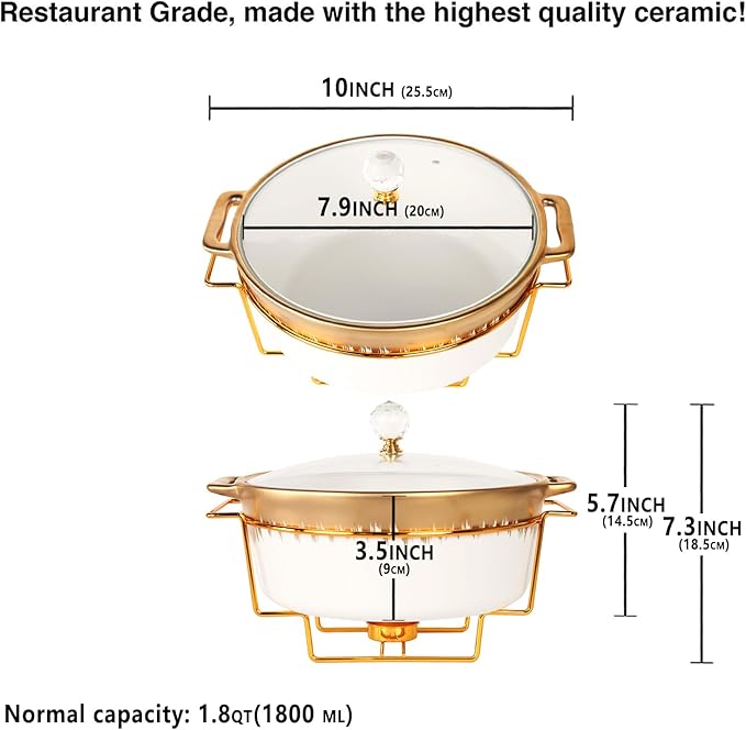 Ceramic Casserole Dish with rack and Glass Lid, 1.8 Qt Round Serving Soup Tureen with Handle, Serving Tureen for Restaurant Home Kitchen Decoration, Perfect for Entertainment, Party, gift