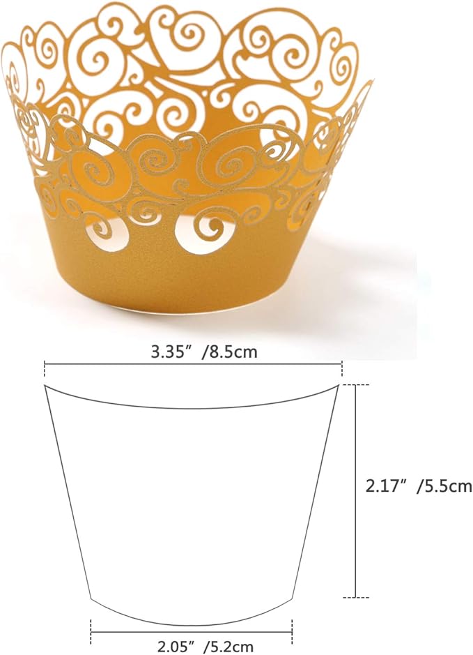 Cupcake Wrappers, KPOSIYA 100 Pack Cupcake Wraps Filigree Artistic Bake Cake Paper Cup Little Vine Laser Cut Liner Baking Cups Muffin Case Trays for Wedding Party Birthday Decoration (100, Gold)