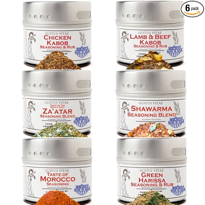 Middle Eastern Seasonings Gourmet Gift Set - Tastes of The Middle East - Artisanal Spice Blends Six Pack - Non GMO, All Natural, Small Batch - Made By Hand in USA - Gustus Vitae - #313